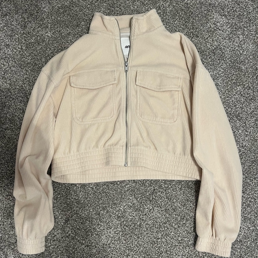 Aerie Women's Cream Cropped Zip-Up Jacket